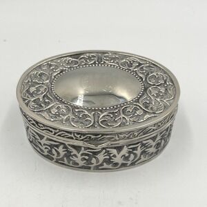 Vintage Oval Silver Plated Jewelry Trinket Box Monogrammed Velvet Lined Keepsake